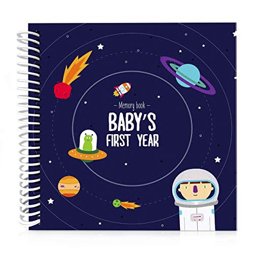 Astronaut Theme First Year Baby Memory Book | 12 Stickers Included | 1st Photo Album with stickers and frames to add your pictures in a gorgeous way | Outer Space Edition | Great Gift for new Moms