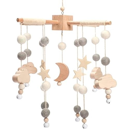 Boho Baby Crib Mobile Decor - Wooden Moon and Stars Nursery Mobiles with Cloud for Bassinet Starry Night Handmade Soft Felt Beads Hanging Wind Chime Toys Pendant for Infant Newborn Boy and Girl