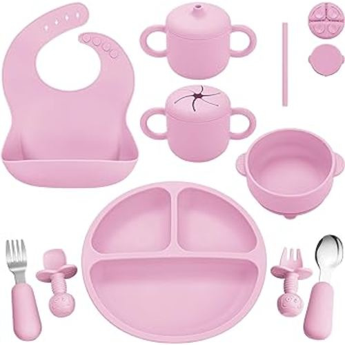 Amazon.com : Bufims Silicone Baby Feeding Set, Baby Led Weaning Supplies, Eating Essentials Utensils with Suction Plate and Bowl, Pocket Bib, Sippy Cup with Lid, Forks Spoons Snack Container, for 6+ Months, Green : Baby