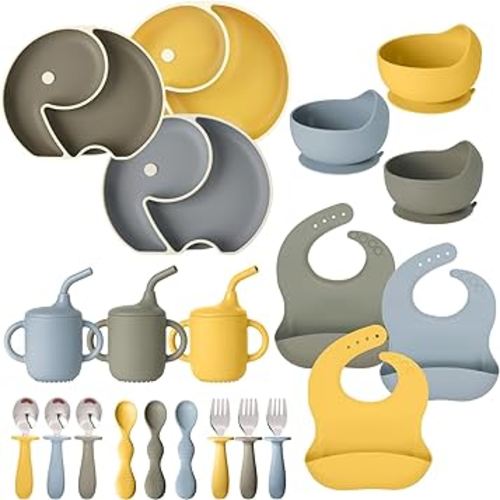 Mr.do Silicone Baby Feeding Set: 21 Pack Baby Led Weaning Supplies, Soft Toddler Suction Bowls and Divided Plates Utensils Set Spoons Forks Adjustable Bibs Cups with Straws for 6+ Months (Style A)