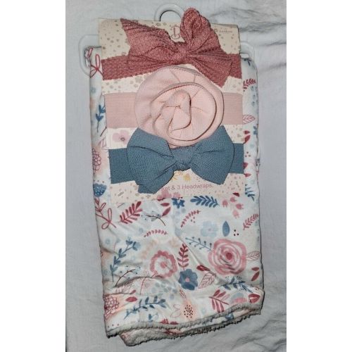 NEW Danbar Lilly Bloom w/ 3 Headbands Bow Baby Blanket Floral Sherpa