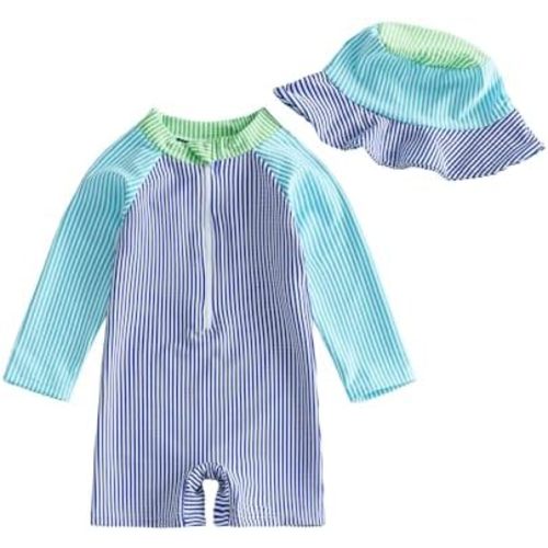 Toddler Baby Boys Seersucker Long Sleeve One Piece Rash Guard Swimsuit Zipper Bathing Suit Swimwear with Hat
