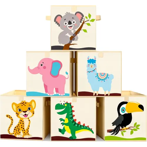 Kigley 6 Pcs Collapsible Cube Storage Bins Kids Foldable Storage Cube Organizer Fabric Toy Box Decorative Kids with Handles for Home Nursery Bedroom, 10.6 x 10.6 Inch(Classic Animal)