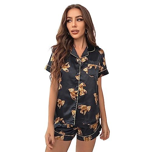 WDIRARA Women's Sleepwear Satin Short Sleeve Button Shirt and Shorts Pajama Set