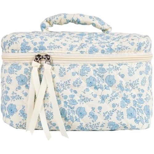 Makeup Bag Large Travel Quilted Cosmetic Makeup Bag Organizer, Floral Cotton Coquette Aesthetic Toiletry Bag for Women Girls (Blue Floral-L)