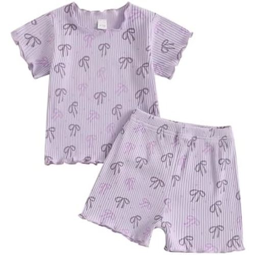 Thorn Tree Baby Girl Summer Outfits Toddler Clothes Cute Bow Tie Print Short Sleeve T-Shirt Pocket Shorts Set