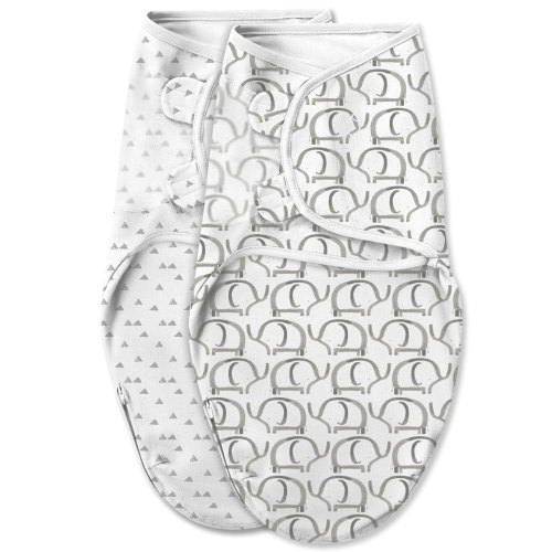 SwaddleMe Original Swaddle Blanket - Newborn Soft Luxe Edition Fabric with Easy Change Zipper - Ellie 2 Pack Grey Elephant and Triangle Prints Size Small (0-3 Months)