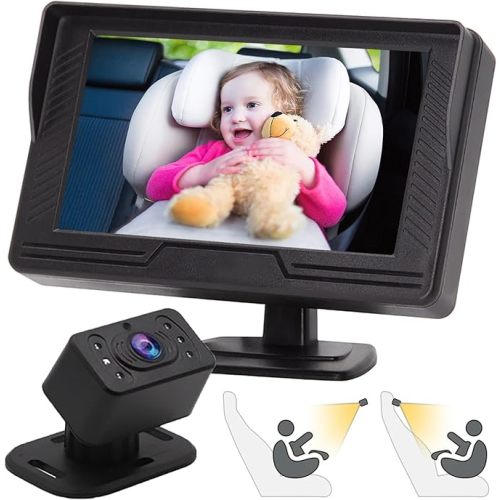 B-Qtech Baby Car Camera Monitor Night Vision HD 1080P Easy to Install 360° Rotating Car Baby Cameras for Back Seat Rear Facing View Infant Gift for Newborns