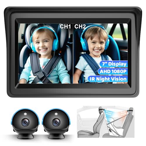 Baby Car Camera Dual Channel, 7'' HD 1080P Monitor & 2 Camera, Split Screen Display, Night Vision & 150° Wide View Baby Car Mirror Camera for Rear Facing Seat Backseat, Plug and Play, 360° Rotation