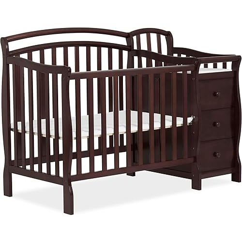 Dream On Me Casco 3-In-1 Mini Crib And Changing Table In Espresso, Convertible Crib, Made Of Pinewood, Three Position Adjustable Mattress Height Settings