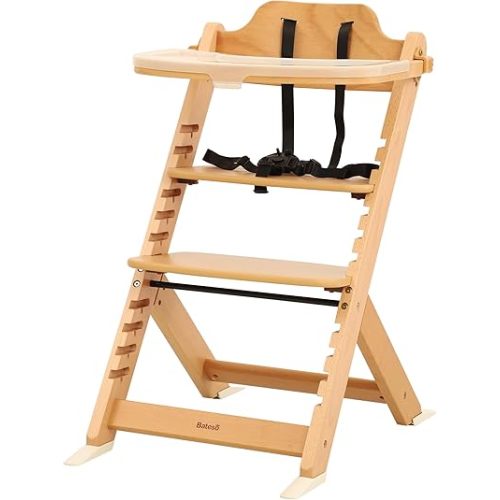 High Chair for Babies and Toddlers, Wooden Highchair with Adjustable Seat & Convertible Footrest Heights, Baby Feeding Chair with Safety Harness & Removable Double Layer Tray