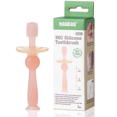 Haakaa 360° Silicone Baby Toothbrush – 100% Soft Food Grade Silicone, BPA-Free, Suction Base, Safe for Babies 6 Months+, Gentle Gum and Teeth Cleaning for Infants, Gum Massager (Pink)