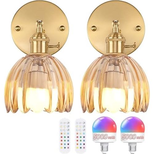 Shenmoyl Vintage Battery Operated Wall Sconce with Amber Tulip Glass Lampshade 5000 mAh Rechargeable Battery Powered Wall Light with Remote Control for Bedside Bedroom Doorway, Set of 2
