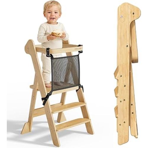 Cosyland Foldable Toddler Standing Tower, Adjustable Kitchen Step Stool with Protective Mesh, iF Award-Winning Bamboo Helper for Kids Ages 18 Months to 6 Years, Natural
