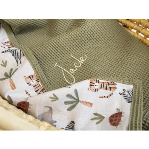 Organic Baby Blanket with Name – Embroidered Name & Waffle Cotton, Custom Newborn Gift, Sage green Safari Blanket for Baby Boy