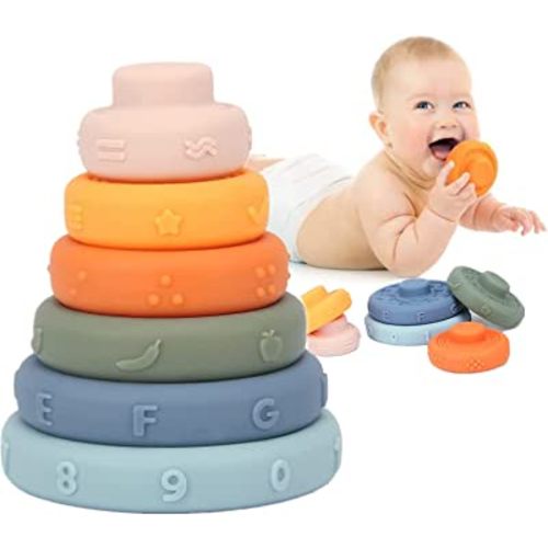 Soft Silicone Stacking Blocks for Toddlers, Stacking Rings Baby Toys, Montessori Toys for Babies, Baby Teething Toys for Newborn with Different Letter, Animal and Shape, BPA Free and Soft, 6PC