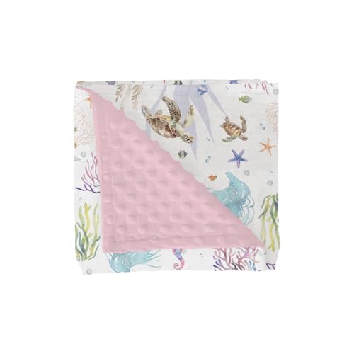 Retro Sea Animals Baby Blankets for Girl Boy Boho Sea Horse Turtle Jellyfish Starfish Coral Soft Mink Dotted Backing Double Layer Swaddle Blanket for Toddler Nursery Ocean Marine Bed Blanket 30x40