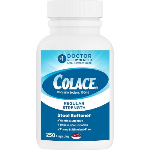 Colace Stool Softener 100 mg, 30 Capsules, Constipation Relief, Docusate Sodium, Gentle Docusate, Stimulant-Free, Regular Strength, #1 Doctor Recommended Stool Softener Brand
