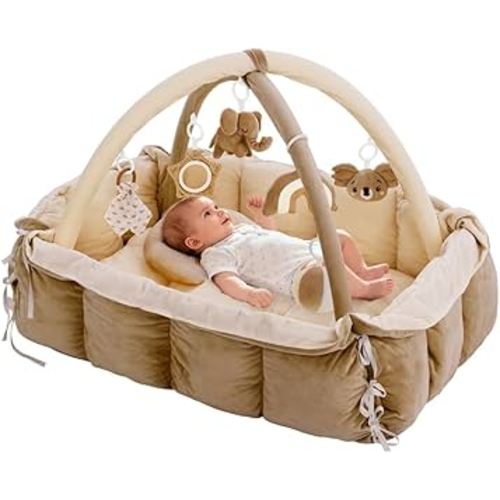 5-in-1 Baby Play Gym and Tummy Time Mat, Tummy Time Pillow & 12 Learning Cards, Plush Activity Mat with 6 Toys, Baby Gym, Convertible to Ball Pit, Baby Gift, Brown