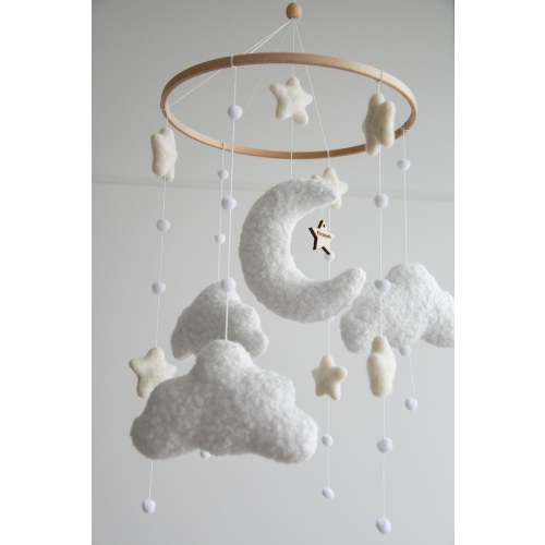 Personalized boucle clouds and moon baby nursery mobile, Neutral baby mobile, Neutral nursery mobile, Clouds mobile, Felted stars mobile