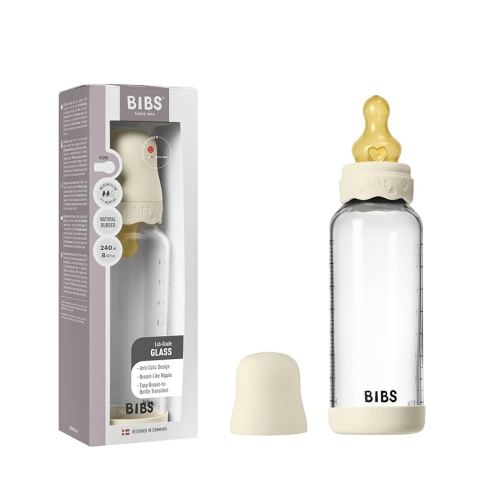 BIBS Boheme Baby Glass Bottle 8 oz /240 ml. Anti-Colic. Round Natural Rubber Latex Nipple. Supports Natural Breastfeeding - Ivory