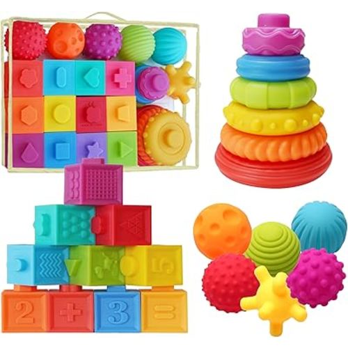 Montessori Silicone Teething Toys for Babies 6 Months + Sensory Developmental Educational Baby Toys Infants & Toddlers - Building Blocks, Stacking Rings, Sensory Balls - (24 Pieces)