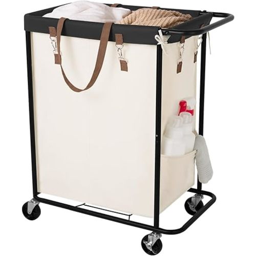 StorageWorks 140L Laundry Sorter 2 Section, Laundry Hamper with Wheels, Large Capacity Laundry Basket for Clothes, Towel, Blanket, Rolling Laundry Cart for Laundry Room Organization, Beige, 1-Pack