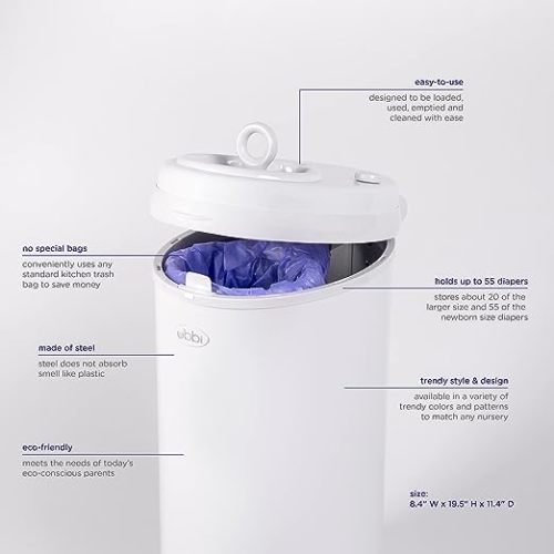 Ubbi Steel Diaper Pail, Odor Locking, No Special Bag Required, Award-Winning, Registry Must-Have, White