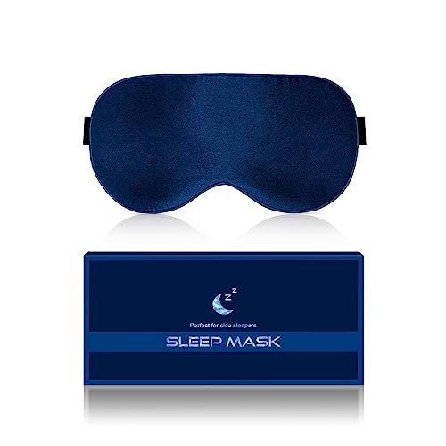 Silk Eye Mask for Sleeping - Soft Breathable Organic Natural Mulberry Silk Fabric Blackout Sleep Mask with Adjustable Straps No Pressure Eye Mask for Travel Essentials Gifts (Navy Blue)