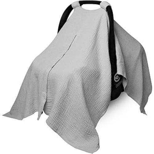 Muslin Car Seat Cover for Babies, Baby Carseat Cover for Boys Girls, Breathable Infant Car Seat Canopy, Multiuse Baby Carrier Cover & Nursing Breastfeeding Cover(Light Gray)