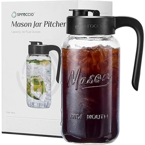 Mason Jar Pitcher - Airtight & Leakproof Glass Pitcher with Lid, Perfect for Breastmilk, Cold Brew, and Sun Tea, 2 Quart (64 oz) Mason Jar with Pour Spout Lid