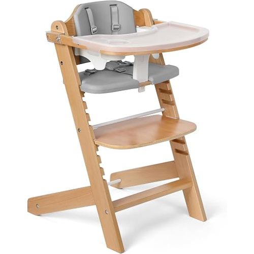 Cowiewie 3-in-1 Convertible Natural Wooden High Chair for Babies & Toddlers 3-Tier Remove & 2 Adjustable Wood Tray & 8 Levels Adjustable, 2 Waterproof Cozy Cushions Grey