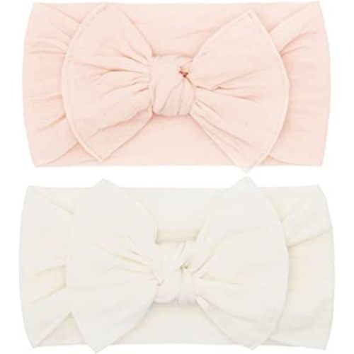 Baby Bling Bows Newborn to Little Girls Hair Bow - Printed and Classic Knot Headbands Toddlers Hair Accessories, One Size (2 Pack - Petal + Ivory)