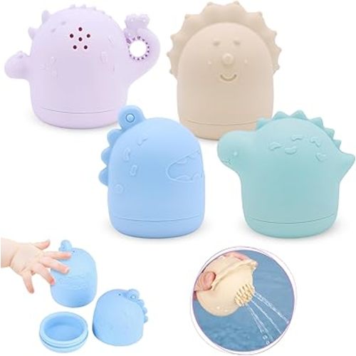 Mold Free Bath Toys, iselyn 4Packs Bath Toys for Toddlers Silicone Baby Bath Toys Non-Toxic Squeezable Bathtub Toys for Infants-Dinosaurs