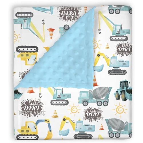 Mink Baby Boy Blankets Blue Yellow Construction Vehicle, A Little Dirt Never Hurt Double Layer Dotted Backing Receiving Swaddle, Newborn Infant Toddler Nursery Crib Bedding Shower Gift 30 x 40
