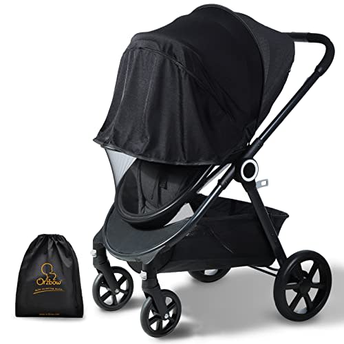 Orzbow Baby Mosquito Net with Sun Shade UPF50+ for Stroller, Universal Stroller Mosquito Netting Privacy Cover with Two-Way Zipper and Storage Bag for Car Seats, Bassinets, Cradles, Mini Cribs, Black