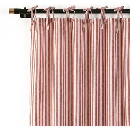THE ART BOX Gauze Striped Curtains,Boho Linen Tie Top Hanging Curtains Light Filtering Door Window Treatment 2 Panel Curtain Drapes for Living Room Bedroom Red on White (84''x42'' Each Panel)