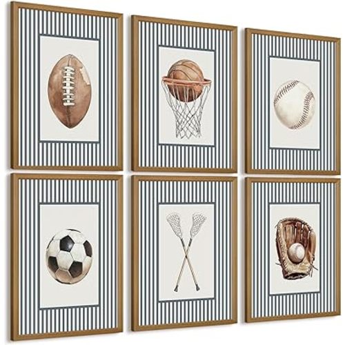 Sports Wall Art Decor Toddler Boys Room Canvas Prints Vintage Sports Nursery Wall Decor Baby Kids Poster Football Baseball Pictures Basketball Soccer Artwork for Children Bedroom 8x10x6 Inch Framed