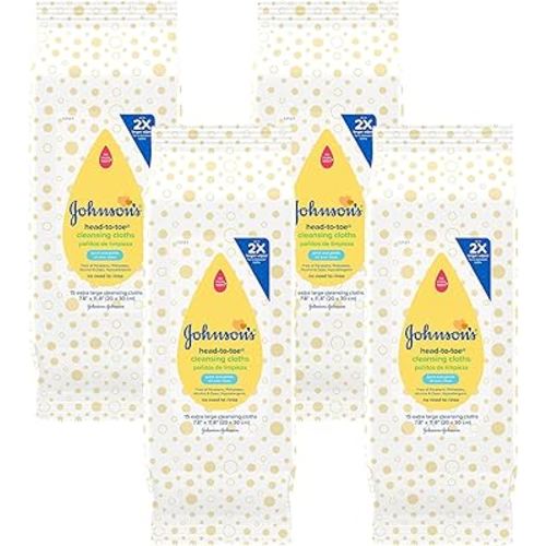 Johnson's Baby Head-to-Toe Gentle Baby Cleansing Cloths, Hypoallergenic and Pre-Moistened Baby Bath Wipes, Free of Parabens, Phthalates, Alcohol, Dyes and Soap, 15 ct (Pack of 4)
