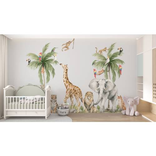 Baby Safari Animals Watercolor Wall Decal, Watercolor Wall Sticker, Nursery Mural, Lion, Elephant Wall Decal, Peel and Stick Tree Decal