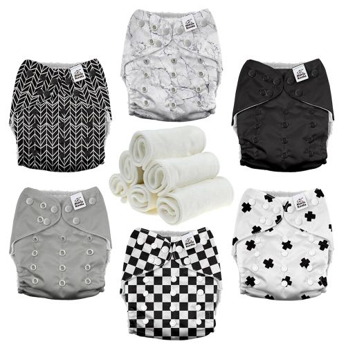 Mama Koala 3.0 Pocket Cloth Diapers for Babies with AWJ Lining, 6 Pack with 6 4-Layer Natural Cloth Diaper Inserts - Reusable and Washable Pocket Diapers (Black and White)