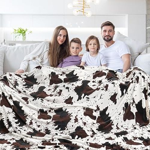 Queen Size Cow Blanket for Couch Bed, Soft Cozy Fleece Cow Printed Blanket for All Seasons 90"x90" (Dark Brown)