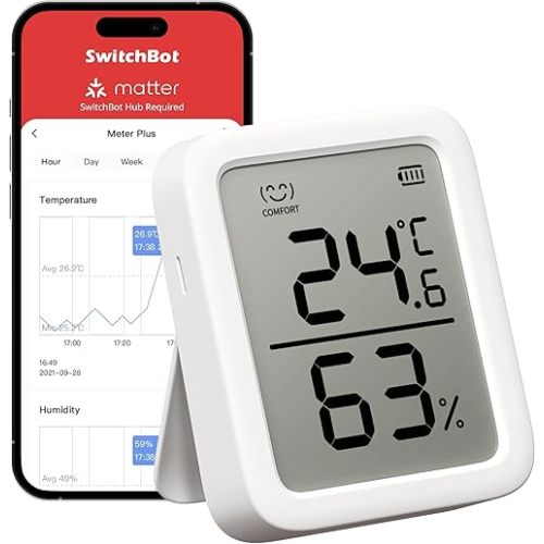 SwitchBot Thermometer Hygrometer, Bluetooth Indoor Humidity Meter for Home, Temperature Sensor with App Control, Large LCD Display, Notification Alerts, 2-Year Data Storage Export