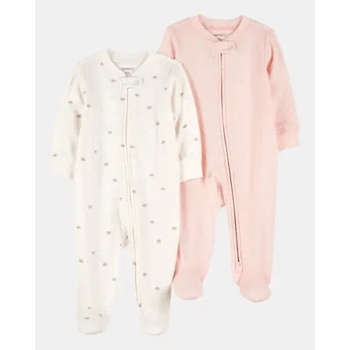 Baby Girl 2-Pack 2-Way Zip Cotton Sleep & Play Pajamas - White/Pink