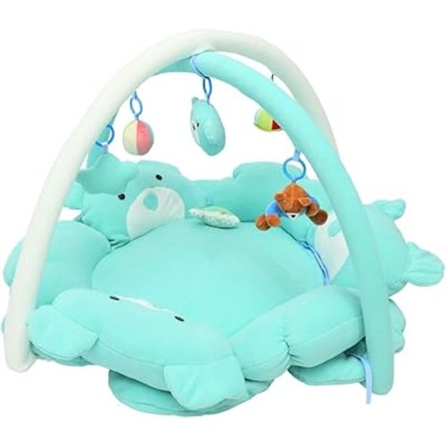 Baby Play Gym Mat - Ultra Soft 100% Cotton Thick Playmat with 6 Toys, Convertible to Ball Pit, Machine Washable & Adjustable for Newborn to Toddler (Blue Bear)