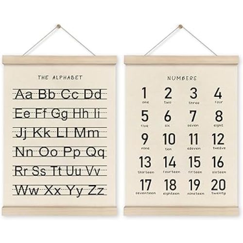 HRQKO Alphabet Numbers Poster Hanger Frame Set of 2, Nursery Wall Decor, Black ABC Poster Wall Art with Wooden Frames, Alphabet Banner Wall Hanging Decor for Boy Toddler Room Playroom, 12x16 Inch