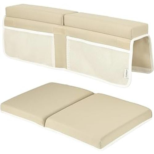 Baby Bath Kneeler and Elbow Rest Pad Set - Thickest Bathtub Kneeler Pad with Memory Foam and Bath Toys Organizer - Ideal Bath Kneeling Pad for Bathing Baby - Relieve Your Knees and Elbows (Beige)