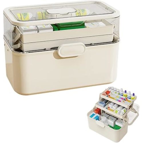 Portable 3-Layer Foldable Medicine Organizer, Medical Storage with Removable Small Medicine Box, First Aid Box Empty with Handle, Dustproof & Moisture-Proof, Suitable for Home&Travel Use (L)