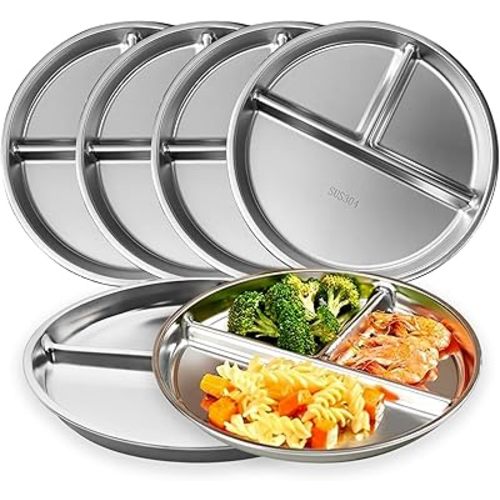 Stainless Steel Kids Plates (6 Packs), 9" Portion Control Divided Metal Plate for Adults Toddlers Balance Lunch, Unbreakable Sectioned Plates with Dividers Bariatric Diabetic Diet BPA Free Reusable