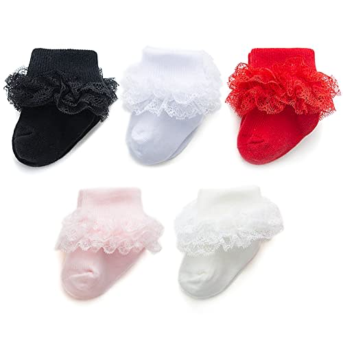 Baby Girl Socks Eyelet Triple Lace Ruffle Socks Turn Cuff Socks 2/3/5 Pairs Ankle Dress Sock for Newborn Infant Toddler